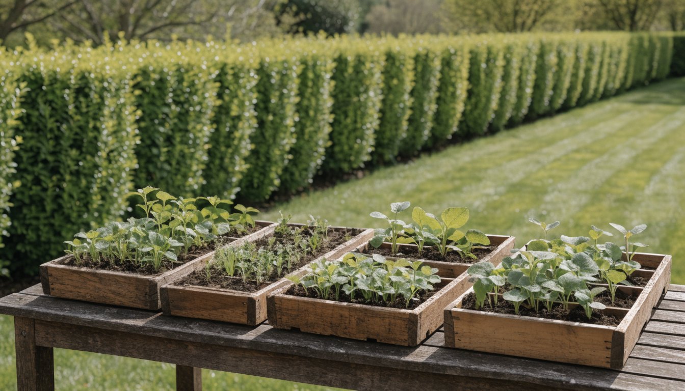 Zaaibakjes met jonge plantjes naast een net gesnoeide ligusterhaag