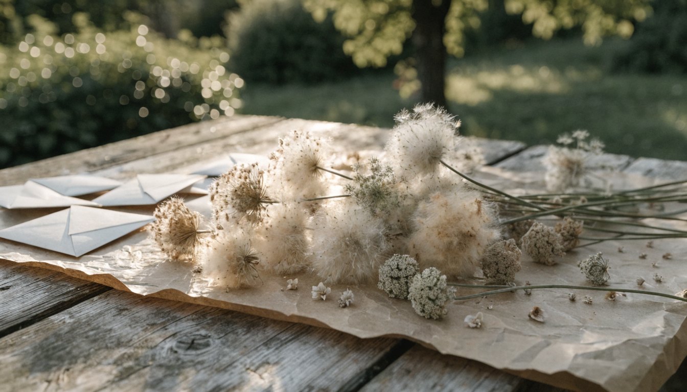 Zaad van uitgebloeide bloemen dat op papier ligt te drogen