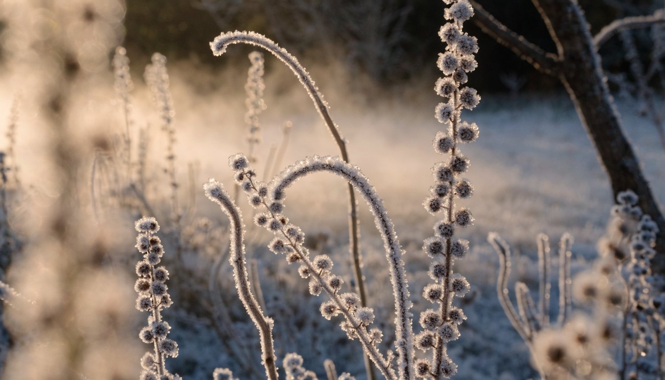 Rijp op zaaddozen in een stille wintertuin