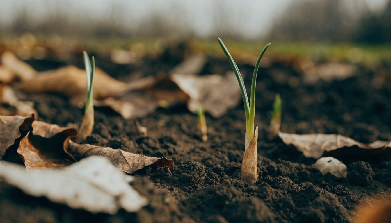 Eerste groene punten van voorjaarsbollen door donkere aarde