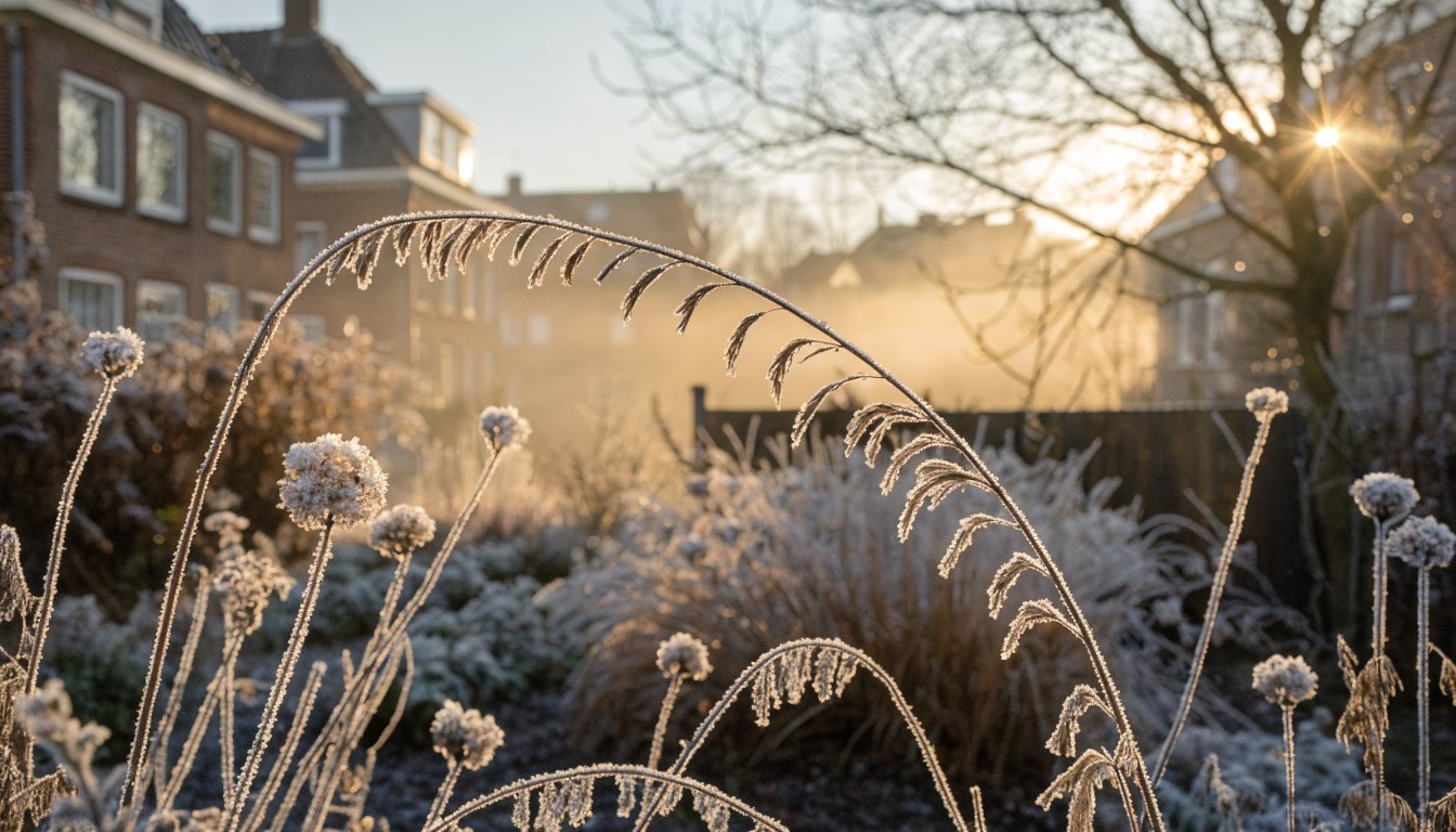 Kale tuin met rijp op uitgebloeide stengels in de ochtendzon