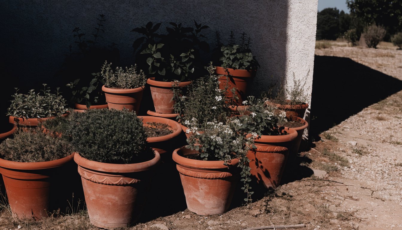 Potplanten samen in de schaduw gezet voor de vakantie