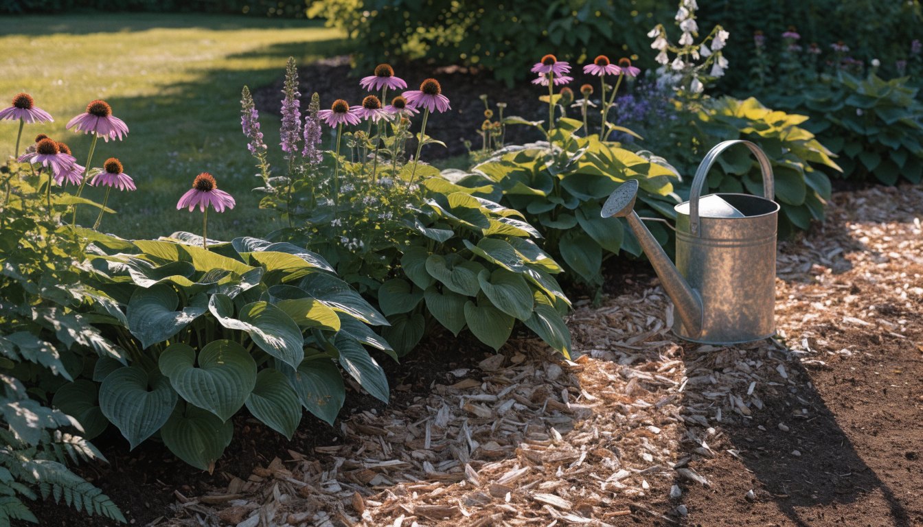 Gemulchte border met gieter in de ochtendzon