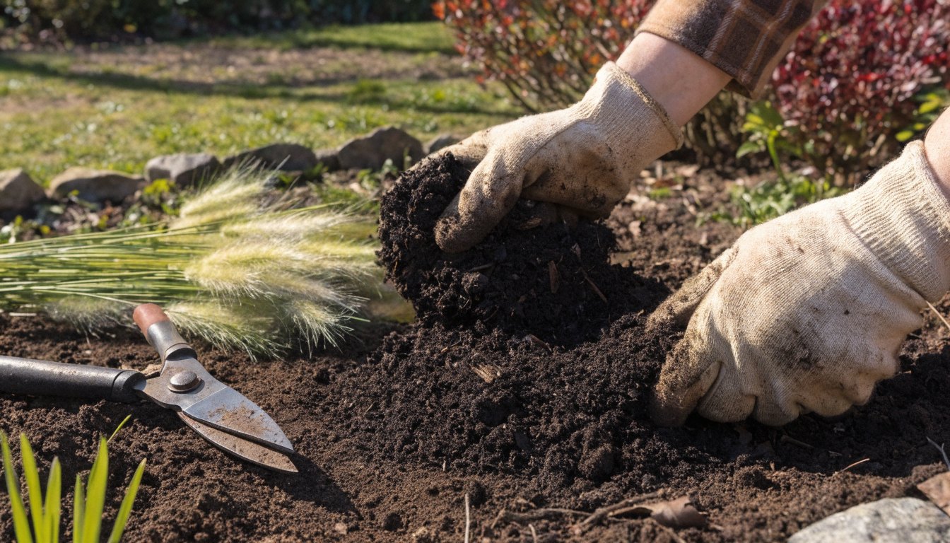 Handen die compost door een border werken naast een snoeischaar
