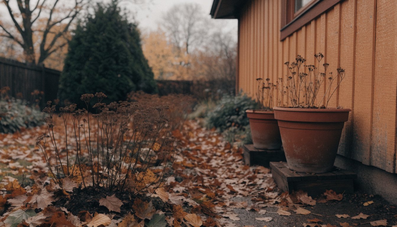 Potten tegen een gevel gezet met blad over de vaste planten