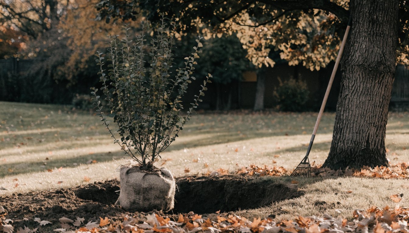 Herfstblad op het gazon met een jonge heester wachtend om geplant te worden