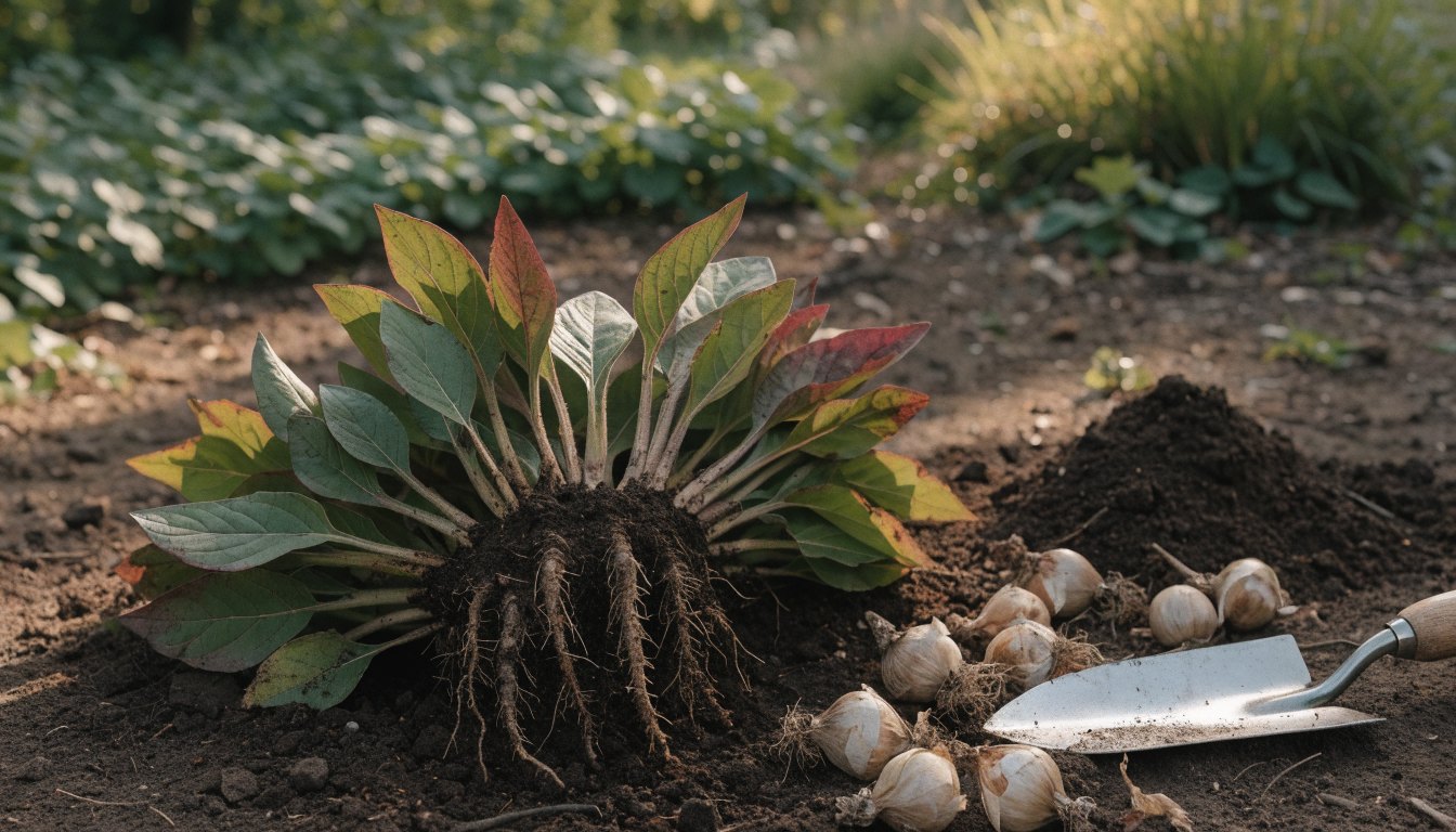 Vaste plant die gesplitst wordt naast net geplante bloembollen