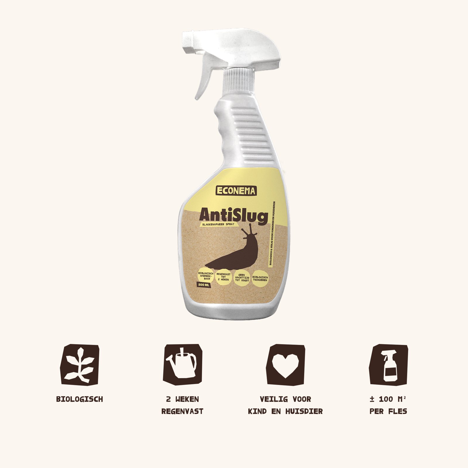 AntiSlug voordelen: biologisch, 2 weken regenvast, veilig voor kind en huisdier, 100 m² per fles