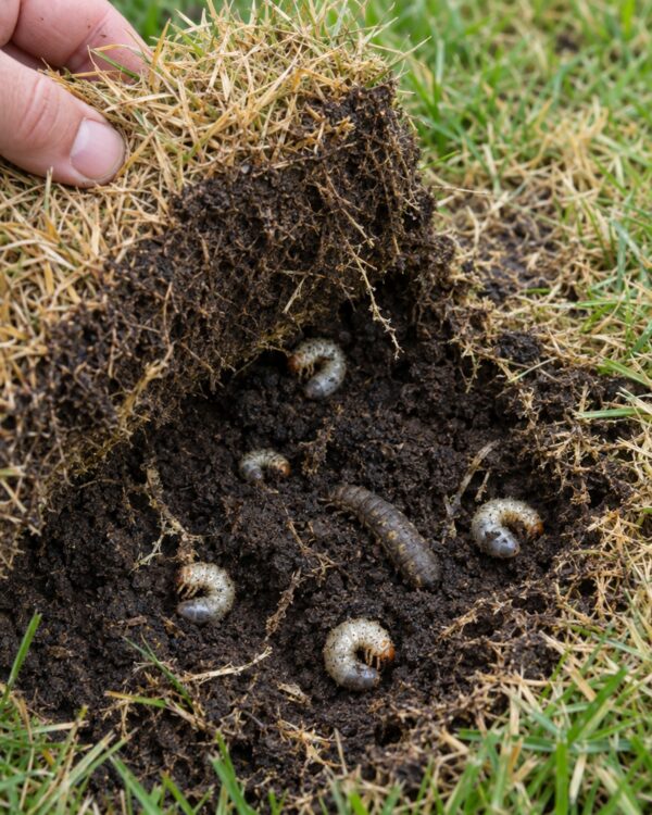 Engerlingen en een emelt onder een losgetrokken graszode