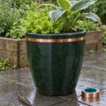 Bloempot met een rand van 20 mm kopertape tegen slakken, slak op het terras