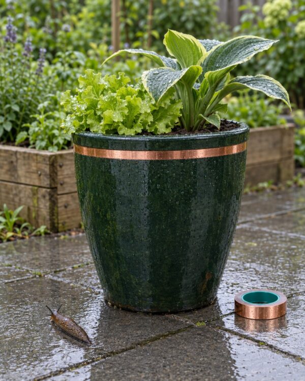 Bloempot met een rand van 20 mm kopertape tegen slakken, slak op het terras