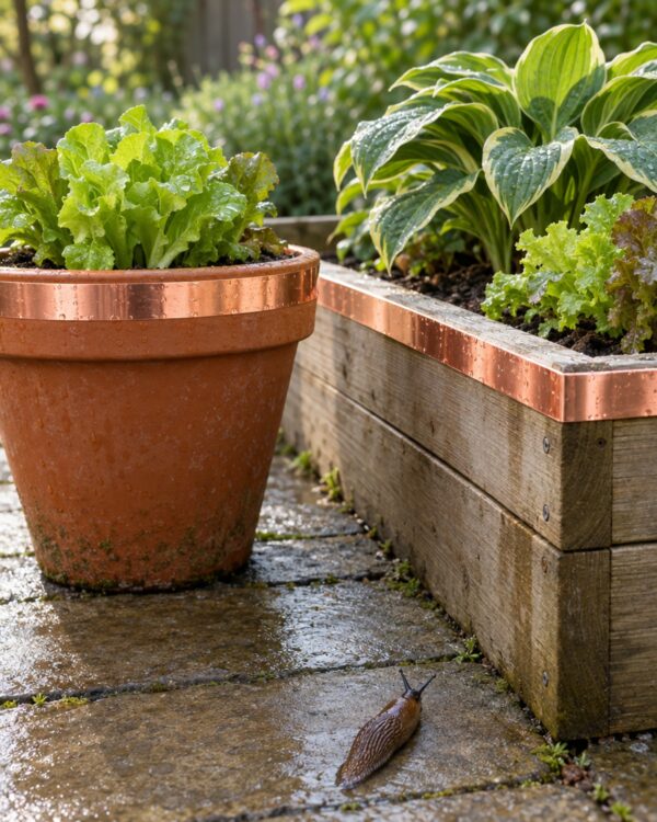 Brede kopertape als slakkenrand Brede kopertape van 50 mm als slakkenrand om een pot en een moestuinbak