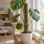 Monstera die tegen een kokos mosstok omhoog groeit