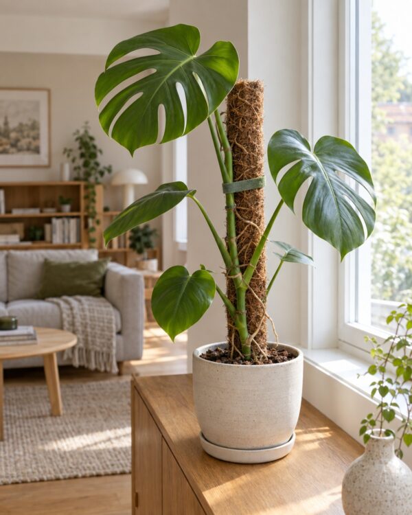 Monstera die tegen een kokos mosstok omhoog groeit