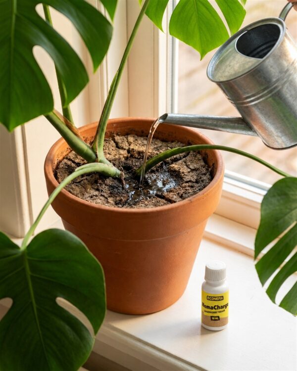 Droge potgrond van een monstera water geven met NemaCharge