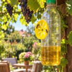 Wespenval van een PET-fles met geel inzetstuk, opgehangen aan een pergola met druiven