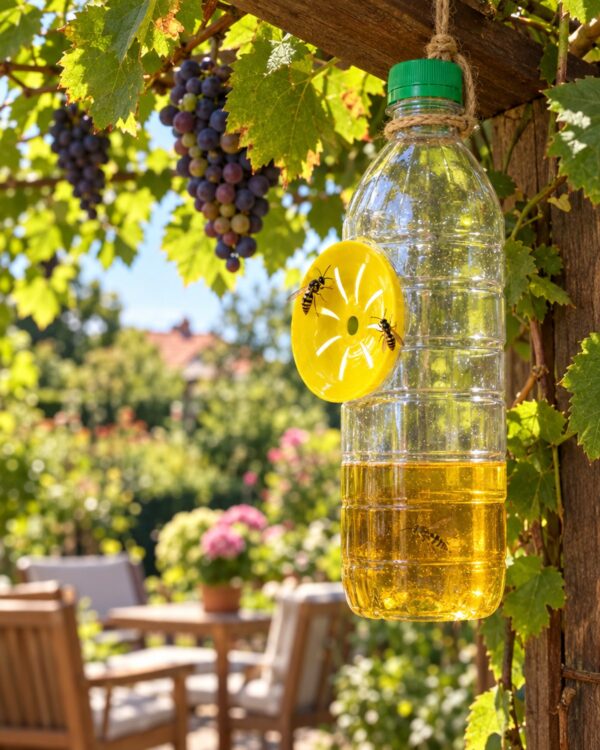 Wespenval van een PET-fles met geel inzetstuk, opgehangen aan een pergola met druiven